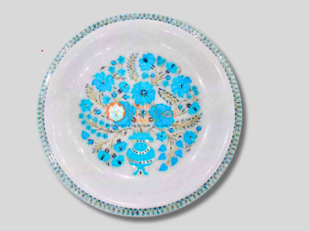 Turquoise Inlaid Floral Work White Marble Fruit Bowl